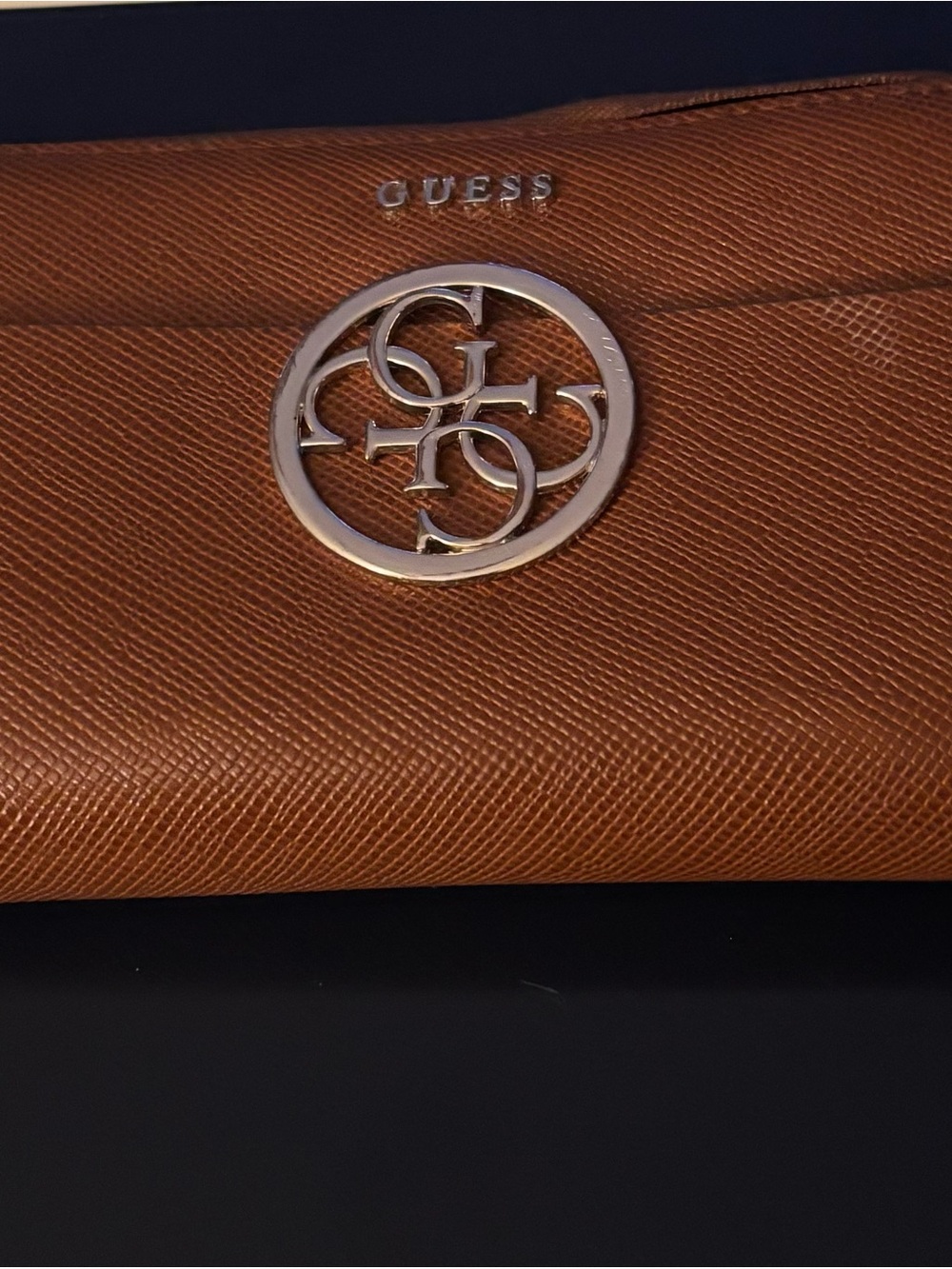 GUESS Brown Saffiano Wallet with Silver Logo Emblem